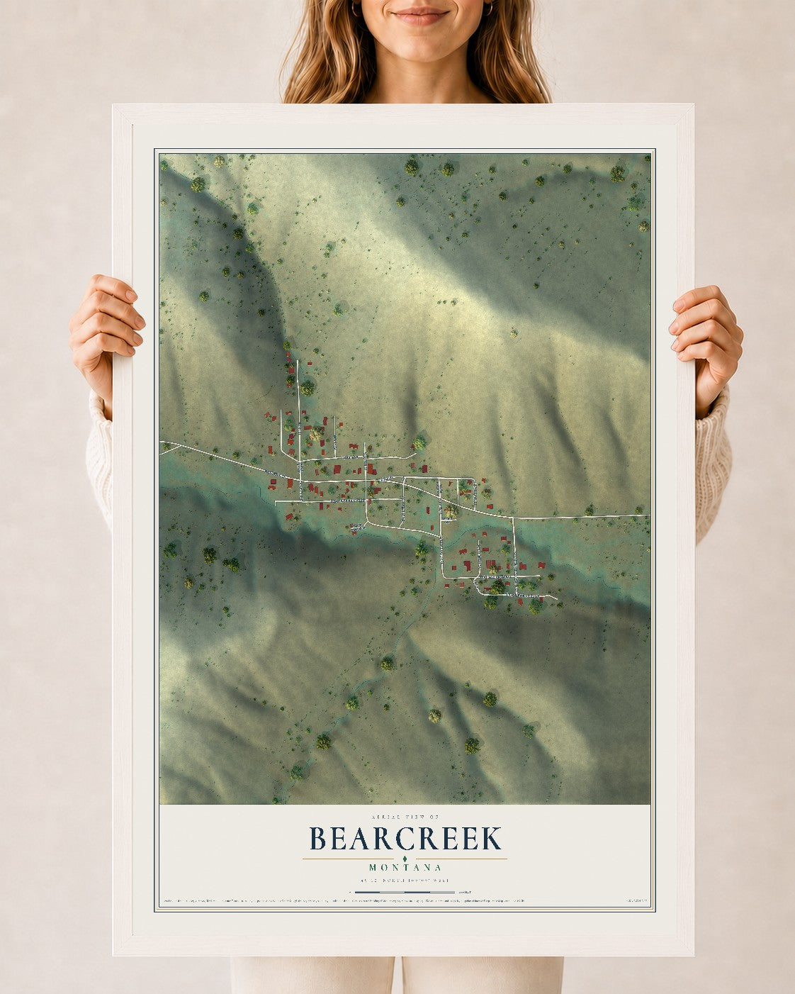 Map of Bearcreek, Montana, 24 x 36 inch print in a white wood frame