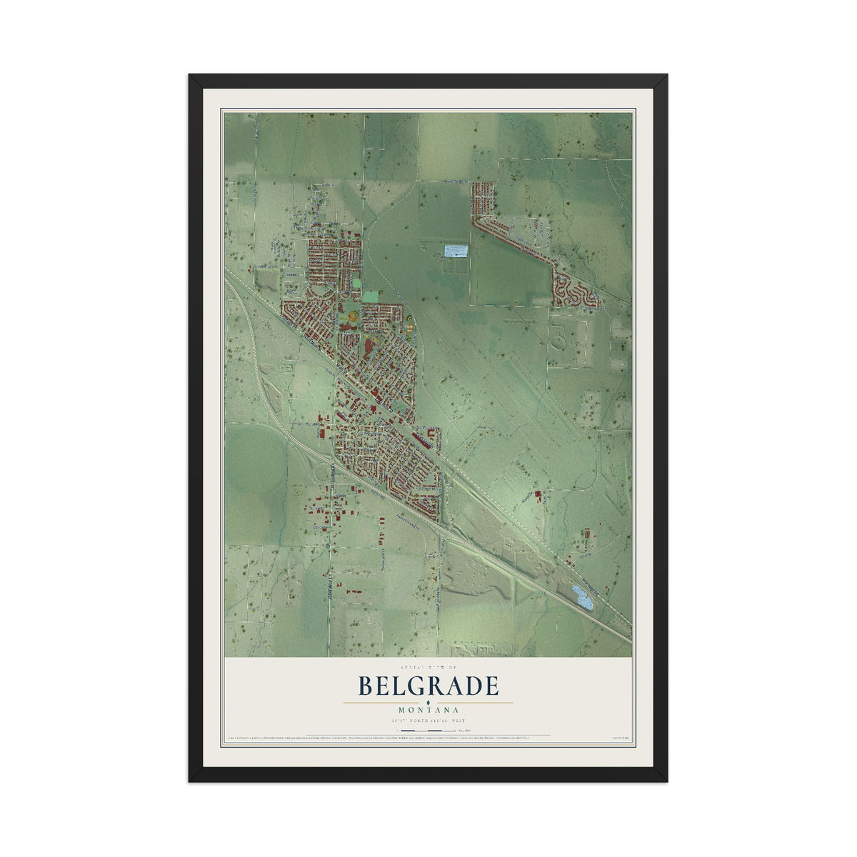 Map of Belgrade, Montana, 12 x 18 inch print in a black wood frame