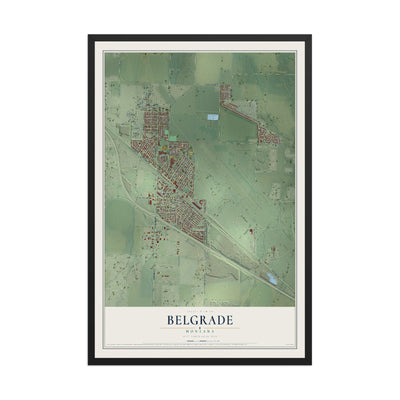 Map of Belgrade, Montana, 12 x 18 inch print in a black wood frame