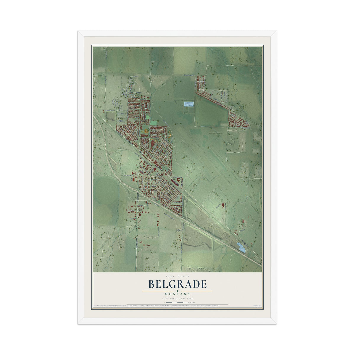 Map of Belgrade, Montana, 12 x 18 inch print in a white wood frame