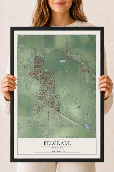 Map of Belgrade, Montana, 18 x 24 inch print in a black wood frame