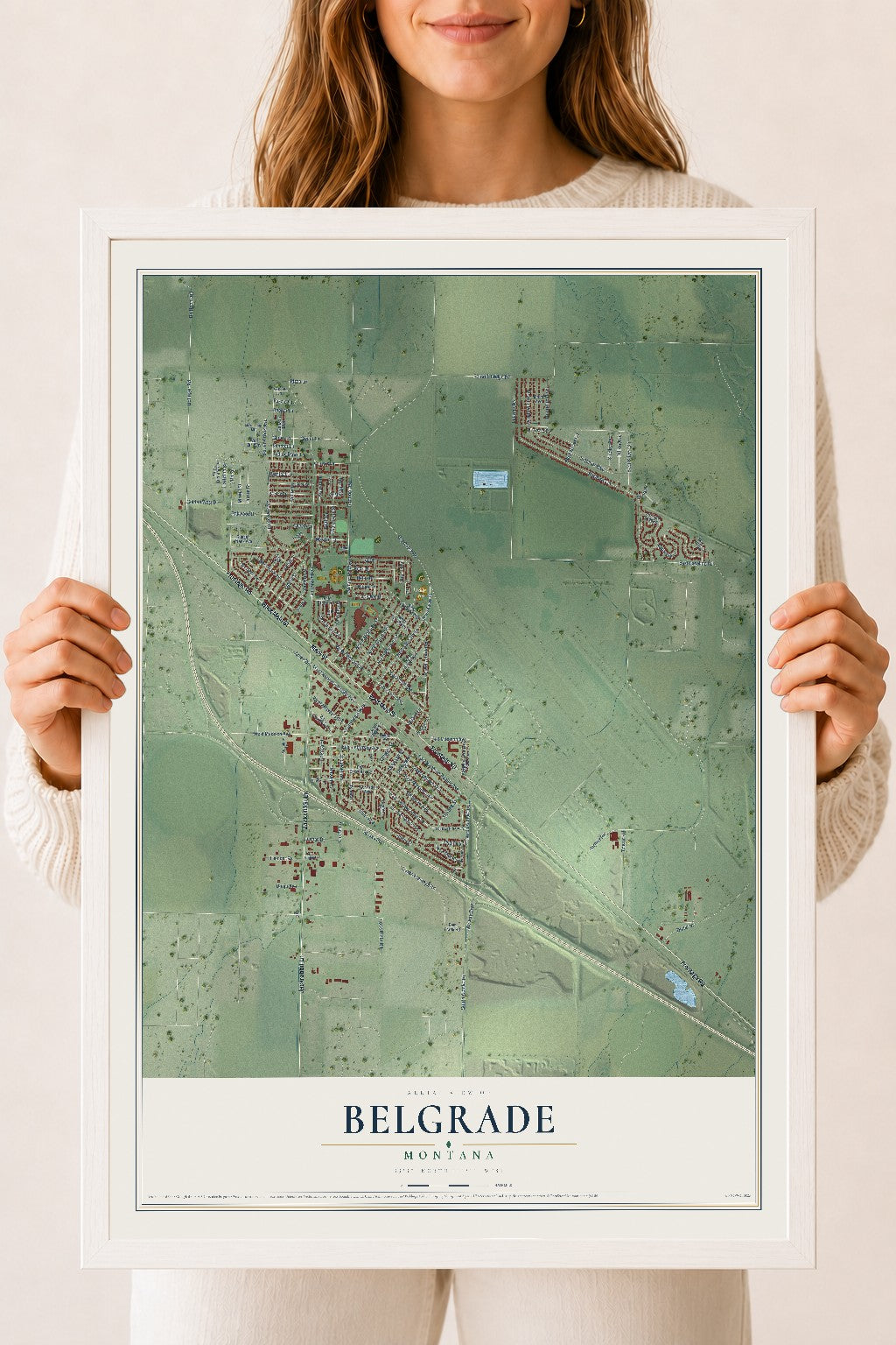 Map of Belgrade, Montana, 18 x 24 inch print in a white wood frame