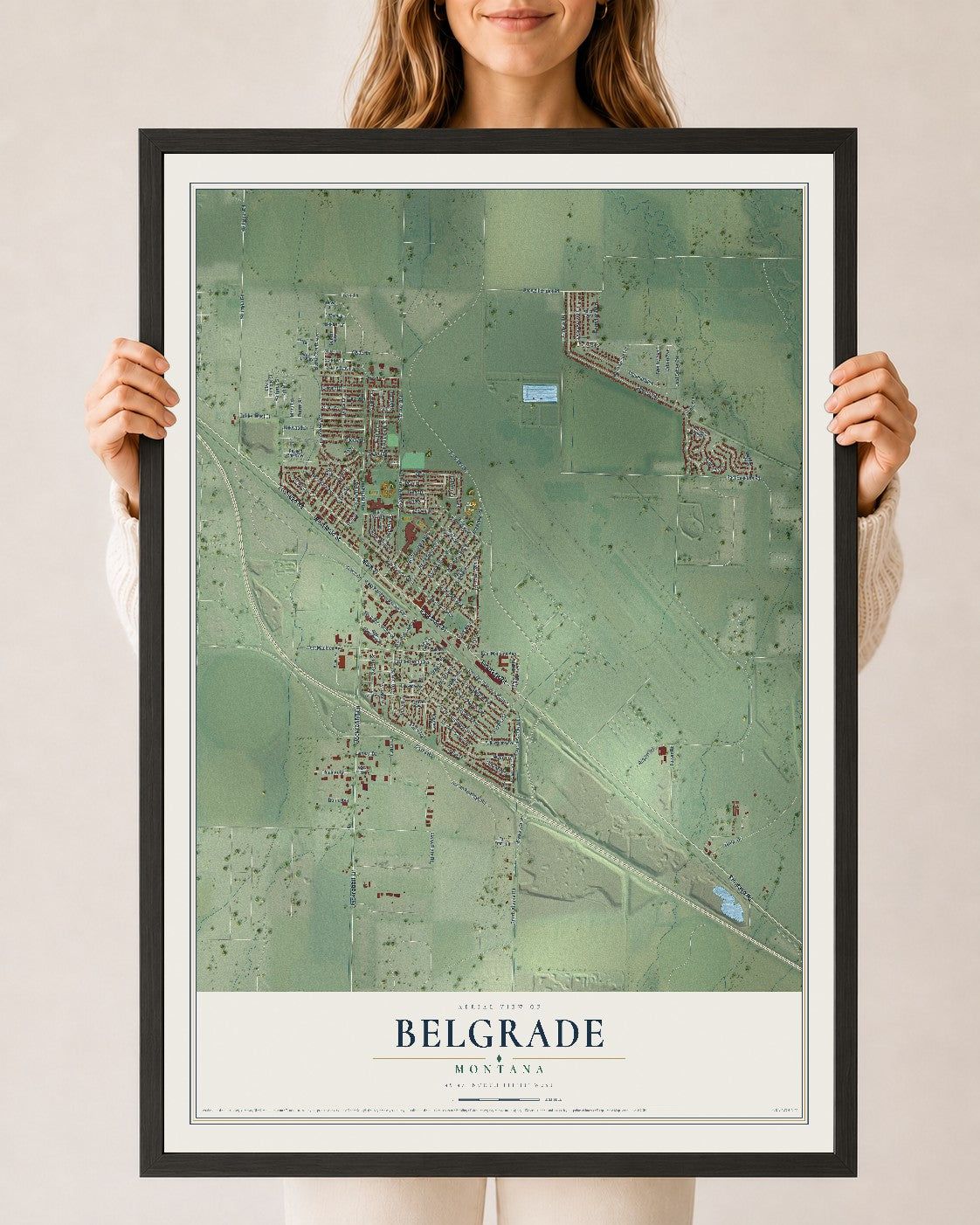 Map of Belgrade, Montana, 24 x 36 inch print in a black wood frame