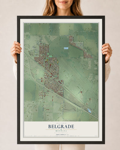 Map of Belgrade, Montana, 24 x 36 inch print in a black wood frame