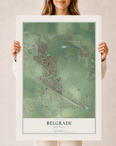Map of Belgrade, Montana, 24 x 36 inch print in a white wood frame