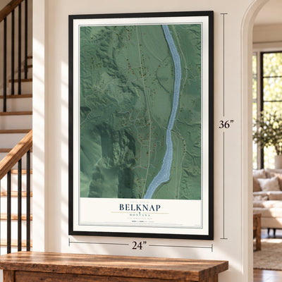 Belknap, Montana map, 24 x 36 inch print in a black frame by a staircase