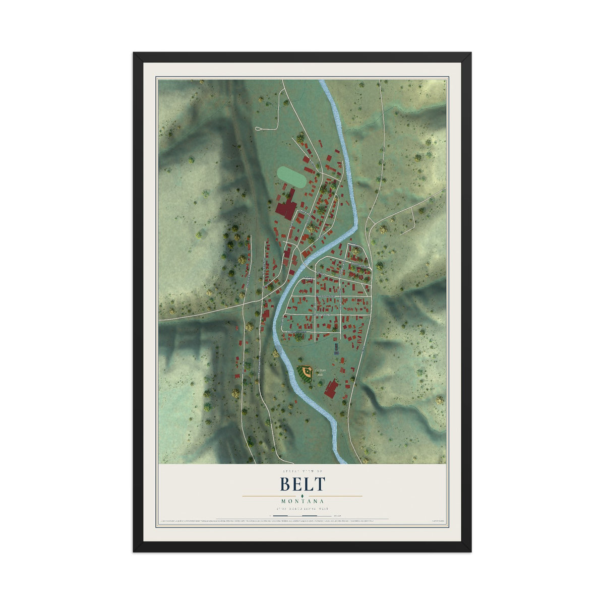 Map of Belt, Montana, 12 x 18 inch print in a black wood frame