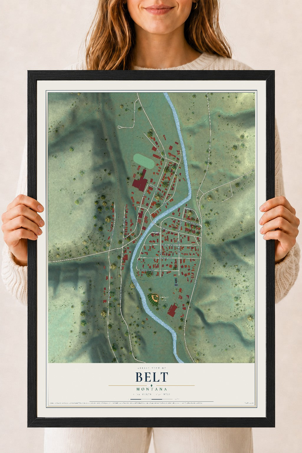 Map of Belt, Montana, 18 x 24 inch print in a black wood frame