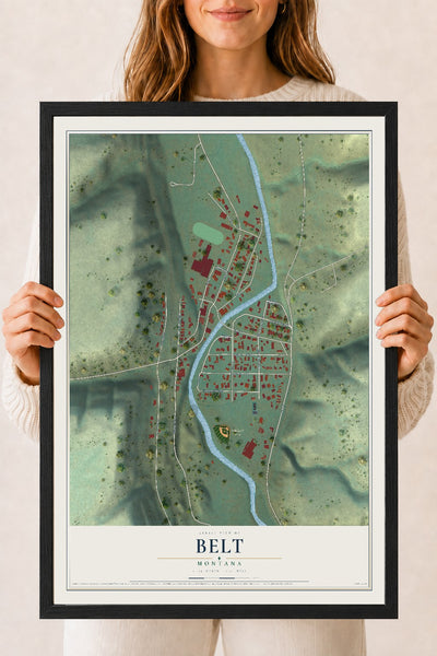 Map of Belt, Montana, 18 x 24 inch print in a black wood frame