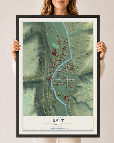 Map of Belt, Montana, 24 x 36 inch print in a black wood frame