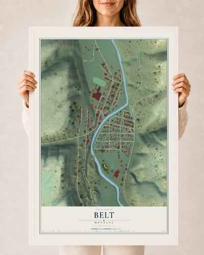 Map of Belt, Montana, 24 x 36 inch print in a white wood frame