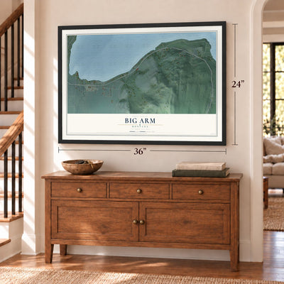 Big Arm, Montana map, 24 x 36 inch print in a black frame above a dresser by a staircase
