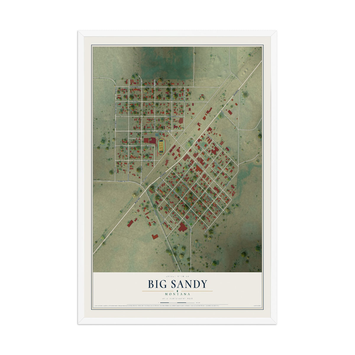 Map of Big Sandy, Montana, 12 x 18 inch print in a white wood frame