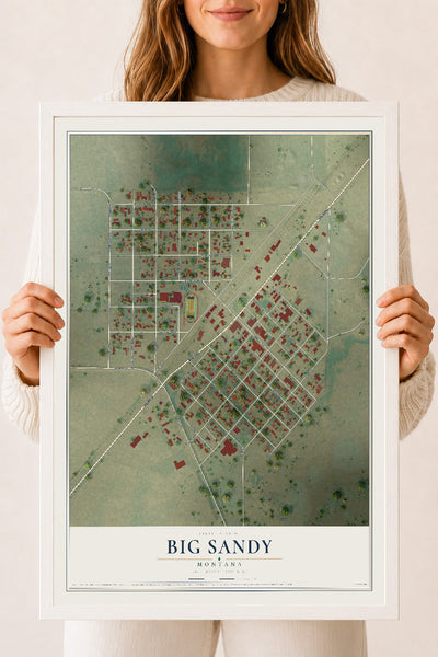 Map of Big Sandy, Montana, 18 x 24 inch print in a white wood frame