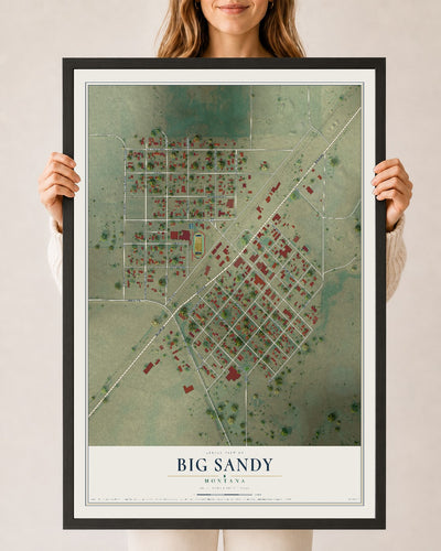 Map of Big Sandy, Montana, 24 x 36 inch print in a black wood frame