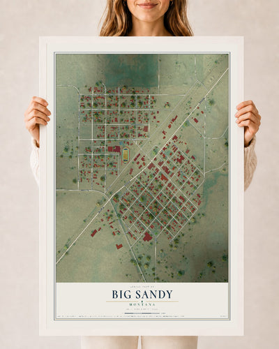 Map of Big Sandy, Montana, 24 x 36 inch print in a white wood frame