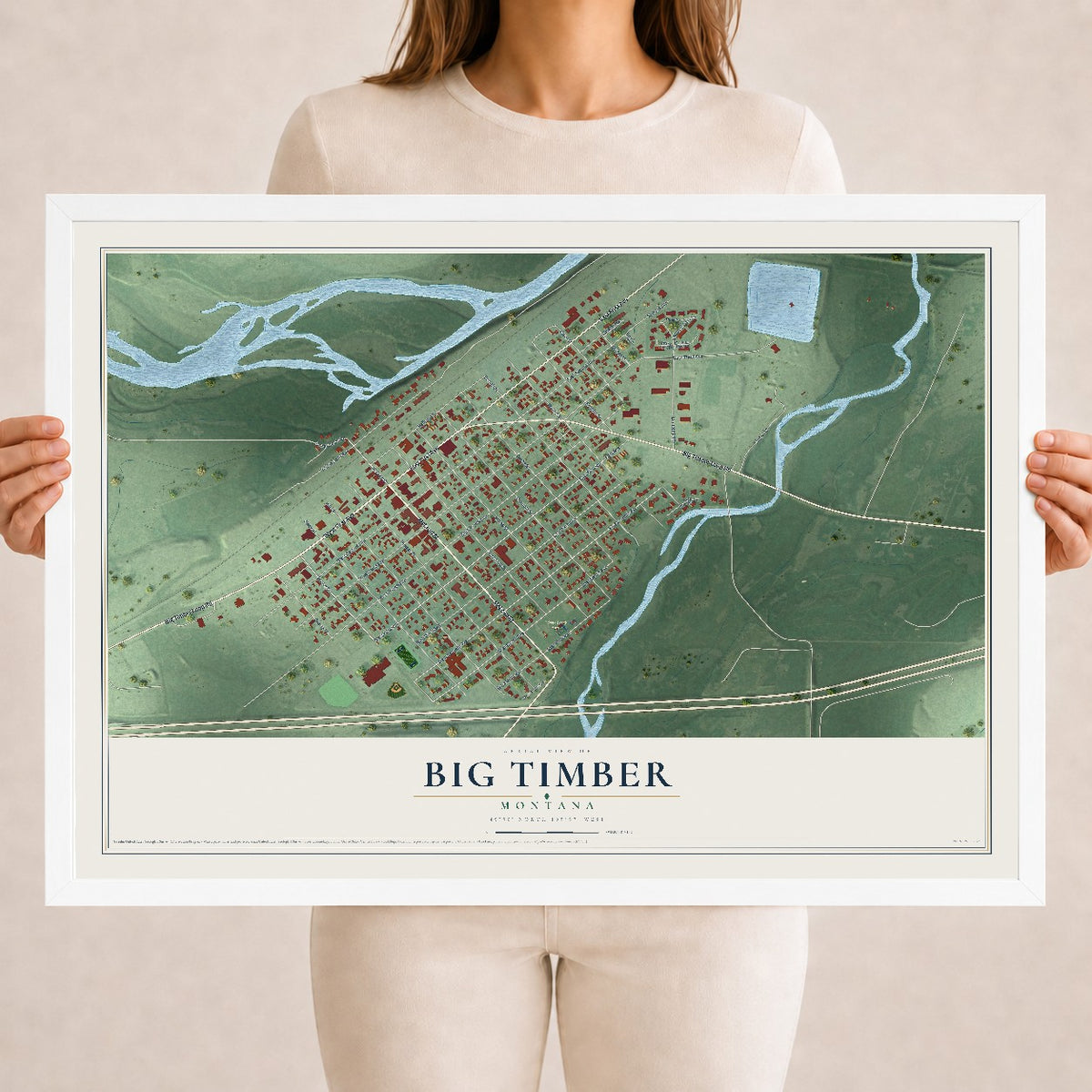 Map of Big Timber, Montana, 18 x 24 inch print in a white wood frame