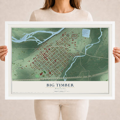 Map of Big Timber, Montana, 18 x 24 inch print in a white wood frame