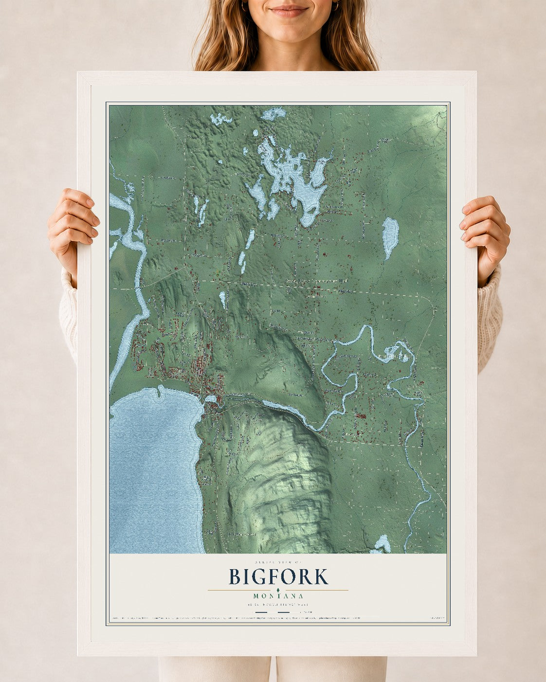 Map of Bigfork, Montana, 24 x 36 inch print in a white wood frame