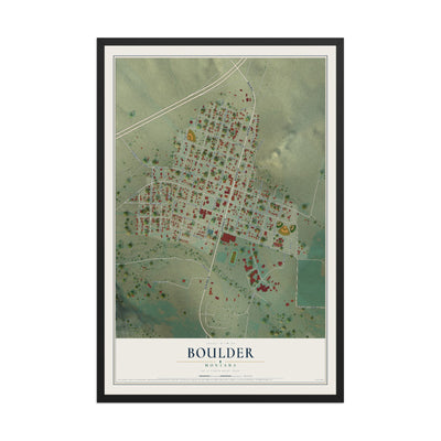 Map of Boulder, Montana, 12 x 18 inch print in a black wood frame