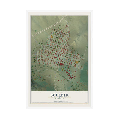 Map of Boulder, Montana, 12 x 18 inch print in a white wood frame