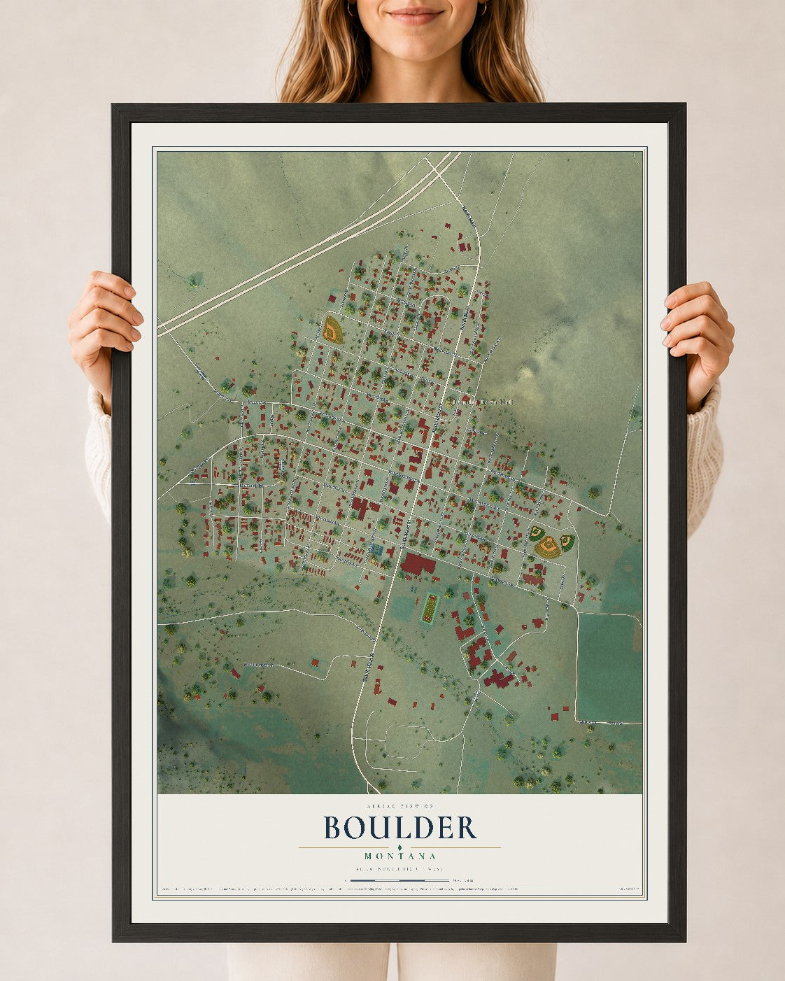 Map of Boulder, Montana, 24 x 36 inch print in a black wood frame
