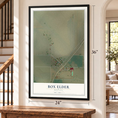 Box Elder, Montana map, 24 x 36 inch print in a black frame by a staircase