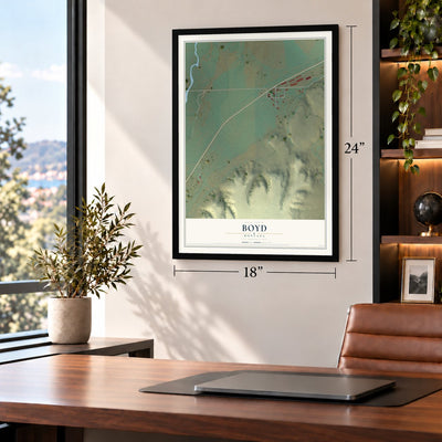 Boyd, Montana map, 18 x 24 inch print in a black frame in a home office