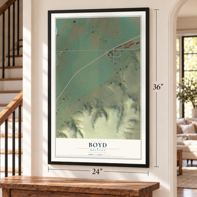 Boyd, Montana map, 24 x 36 inch print in a black frame by a staircase