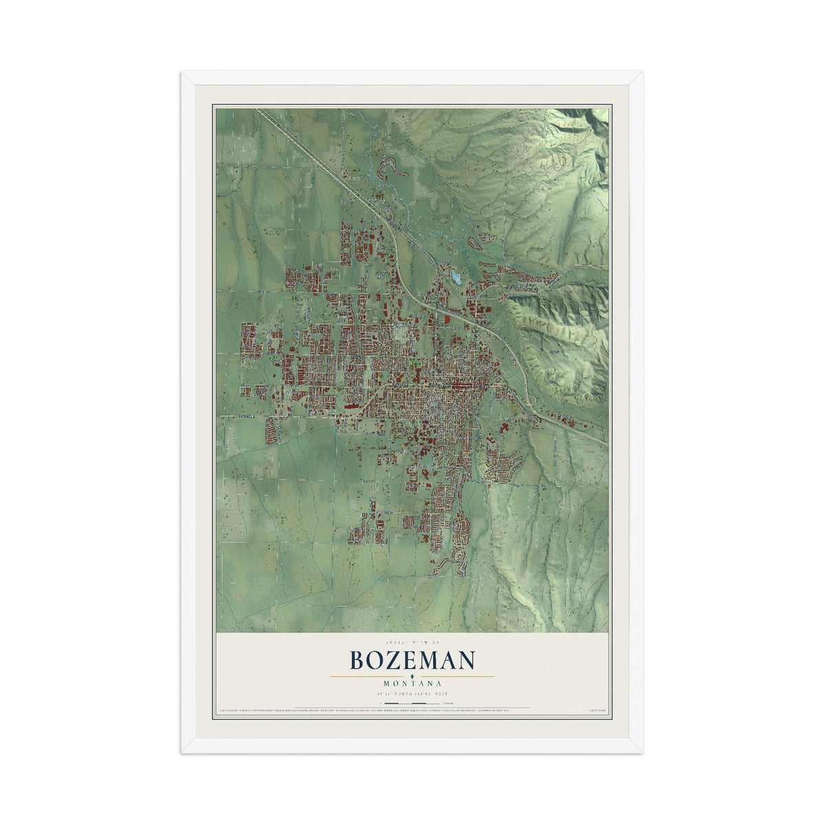 Map of Bozeman, Montana, 12 x 18 inch print in a white wood frame
