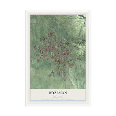 Map of Bozeman, Montana, 12 x 18 inch print in a white wood frame