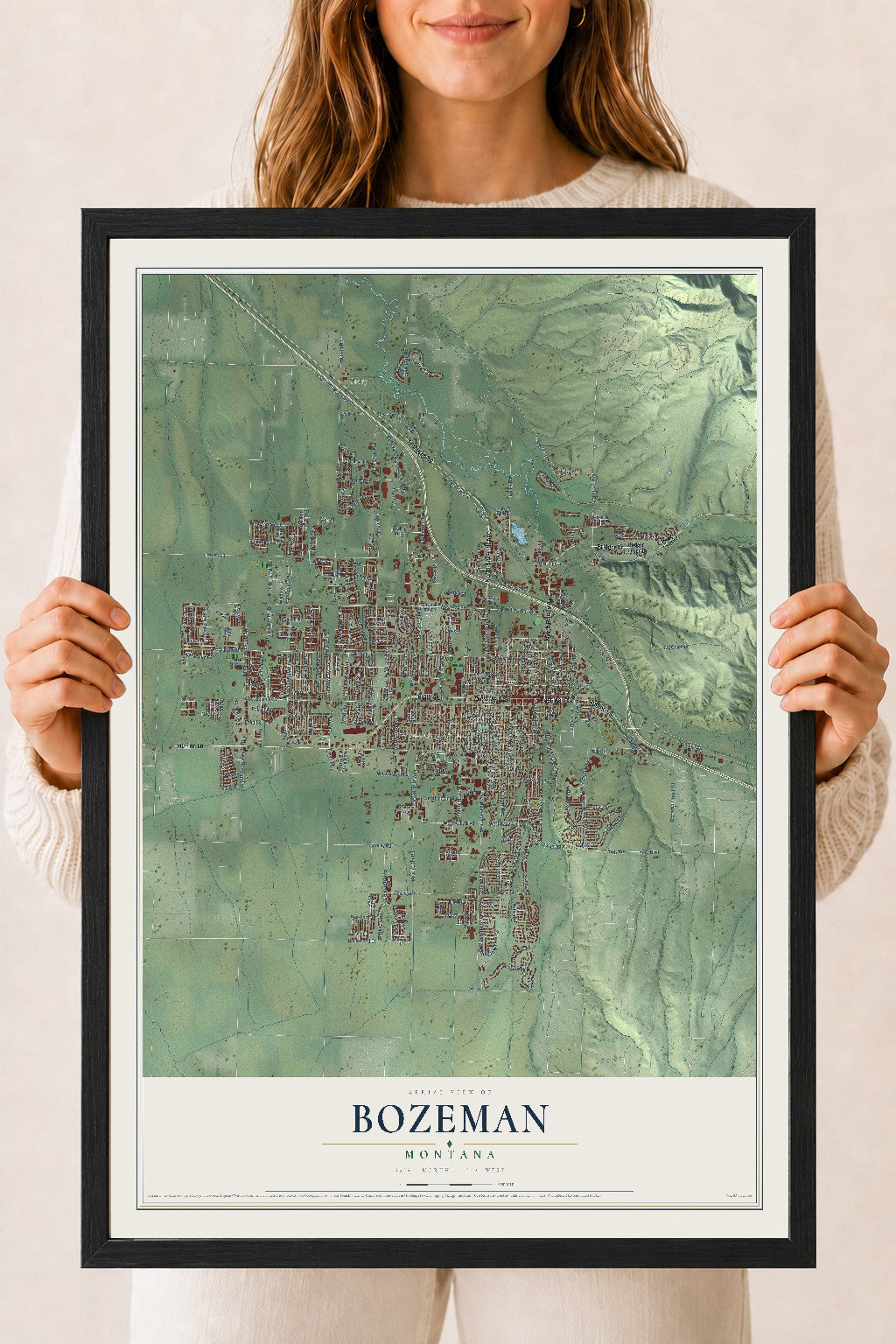 Map of Bozeman, Montana, 18 x 24 inch print in a black wood frame