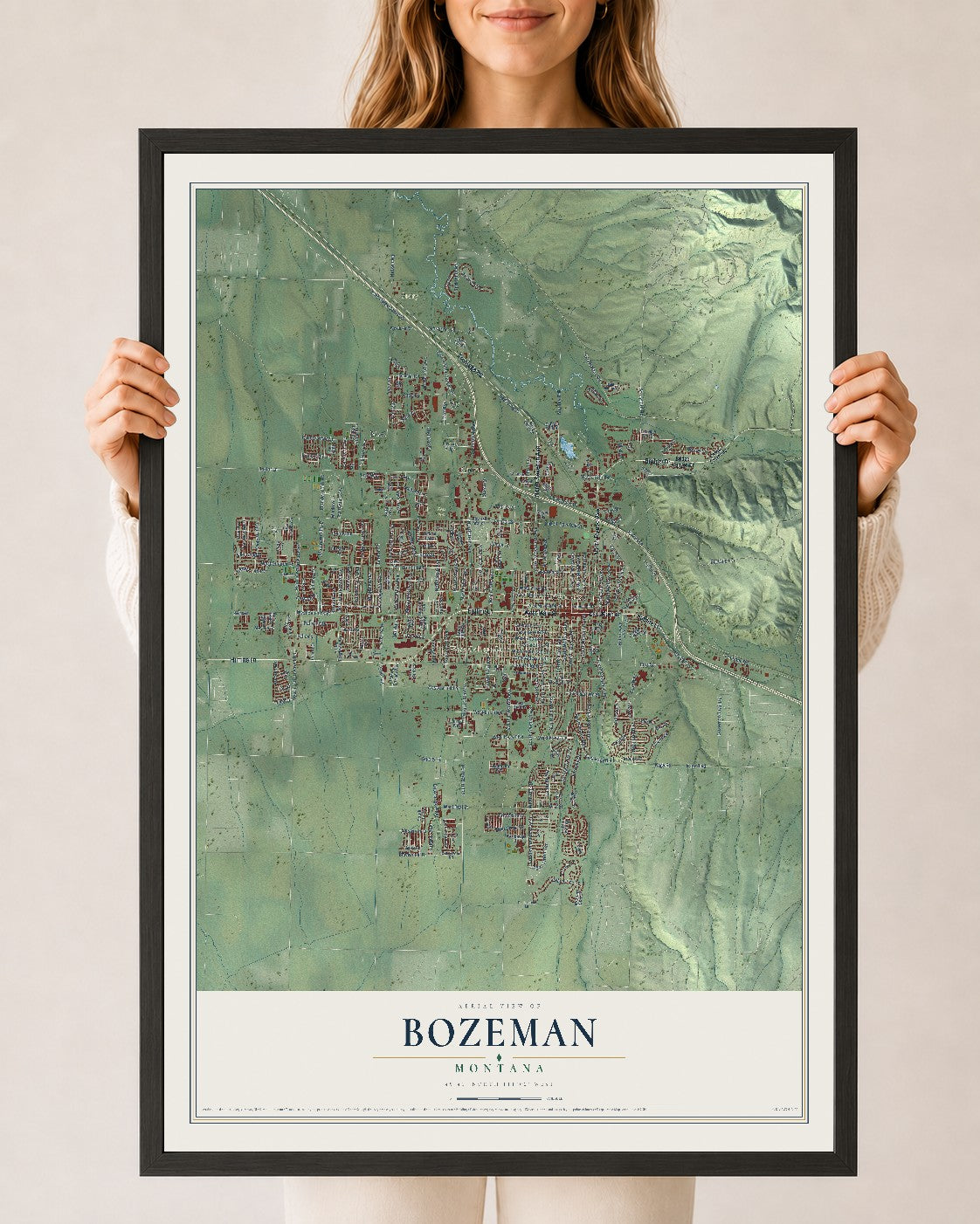 Map of Bozeman, Montana, 24 x 36 inch print in a black wood frame