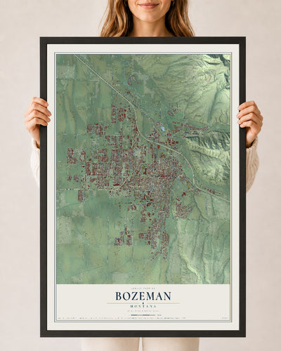 Map of Bozeman, Montana, 24 x 36 inch print in a black wood frame
