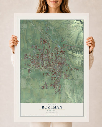 Map of Bozeman, Montana, 24 x 36 inch print in a white wood frame