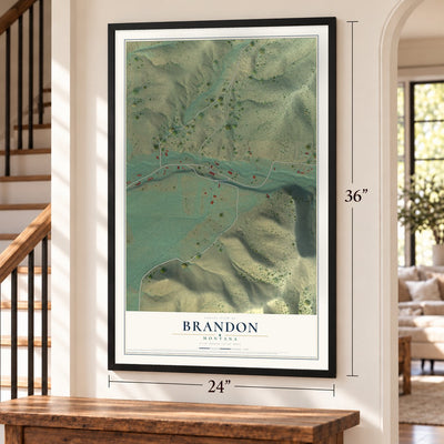 Brandon, Montana map, 24 x 36 inch print in a black frame by a staircase