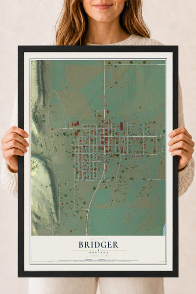 Map of Bridger, Montana, 18 x 24 inch print in a black wood frame