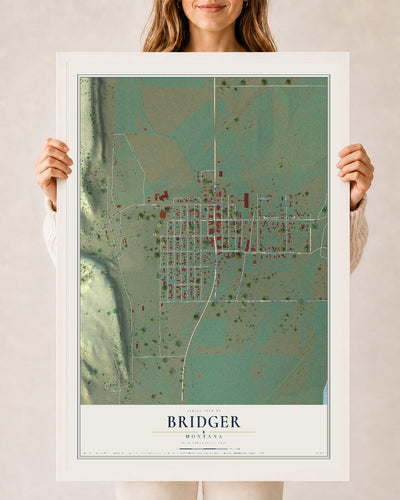 Map of Bridger, Montana, 24 x 36 inch print in a white wood frame