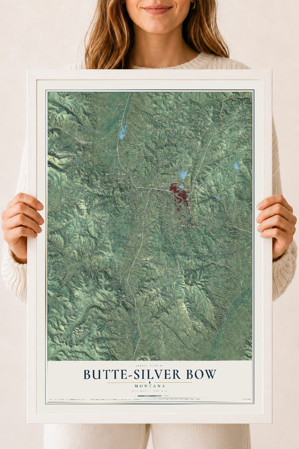 Map of Butte-Silver Bow, Montana, 18 x 24 inch print in a white wood frame
