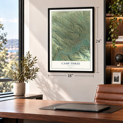 Camp Three, Montana map, 18 x 24 inch print in a black frame in a home office