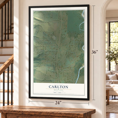 Carlton, Montana map, 24 x 36 inch print in a black frame by a staircase
