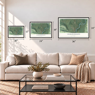 Charlos Heights, Montana map in 12 x 18, 18 x 24 and 24 x 36 inch sizes above a sofa