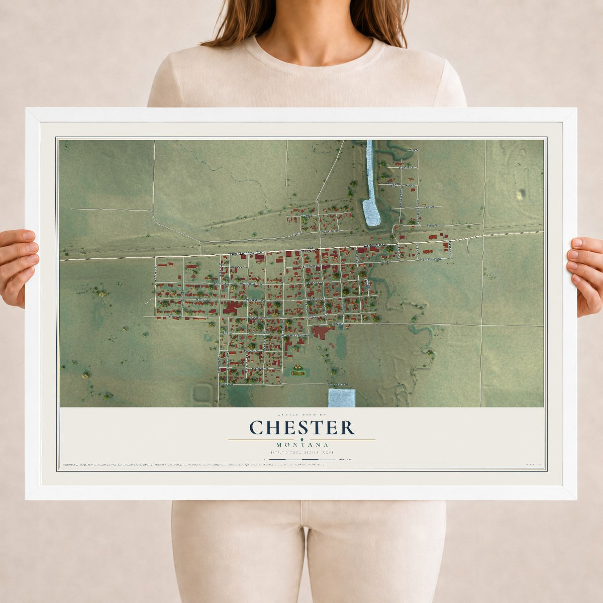 Map of Chester, Montana, 18 x 24 inch print in a white wood frame