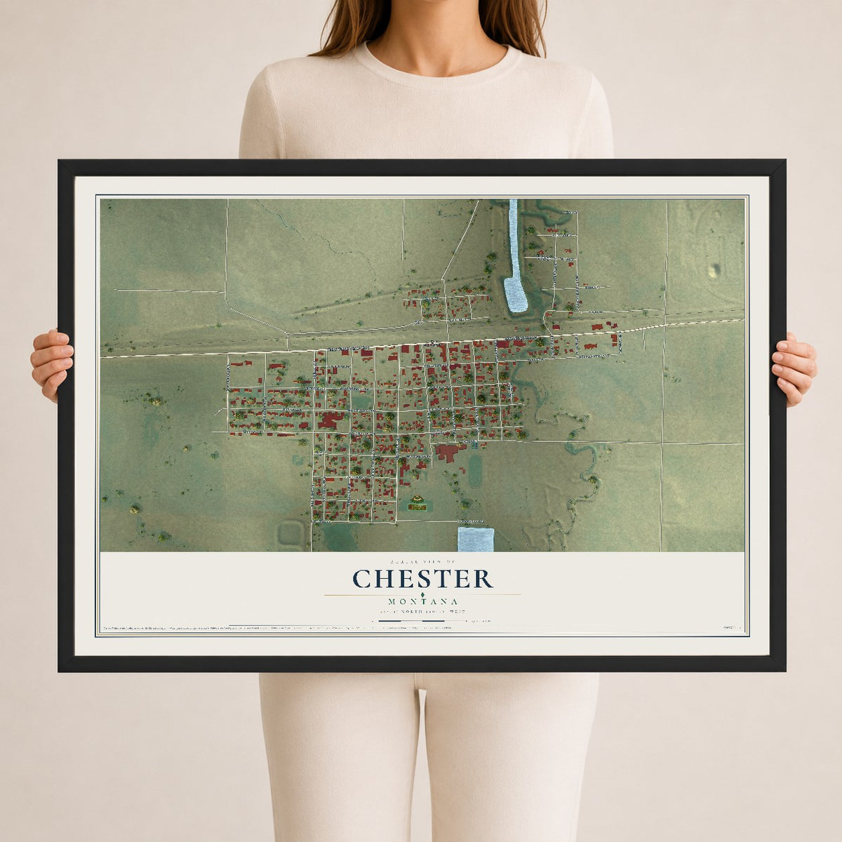 Map of Chester, Montana, 24 x 36 inch print in a black wood frame