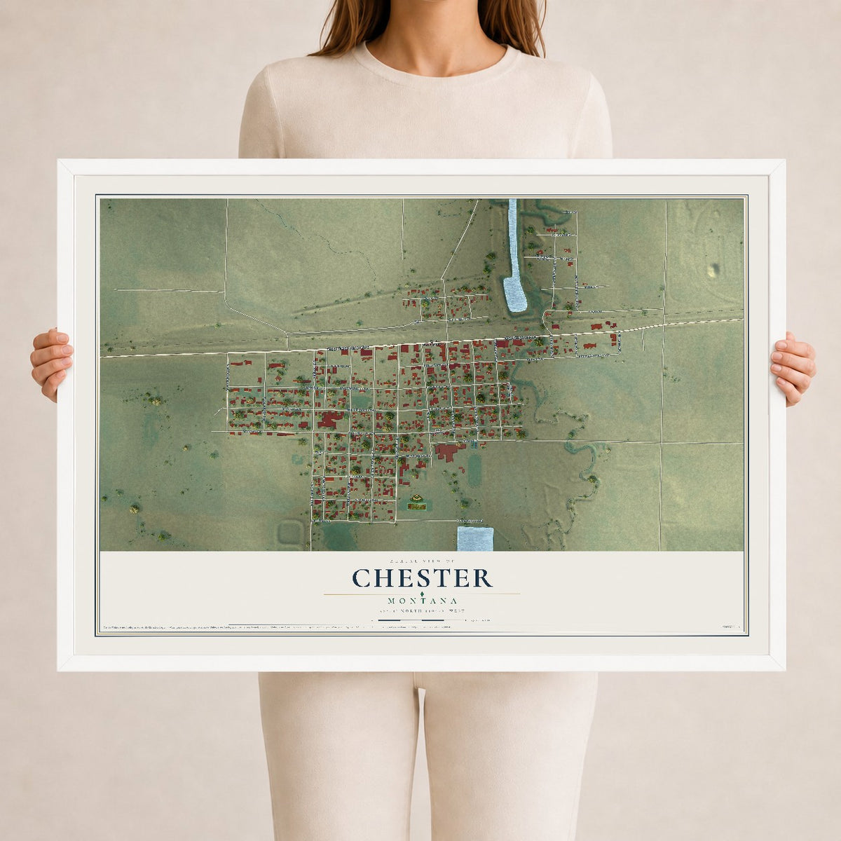 Map of Chester, Montana, 24 x 36 inch print in a white wood frame
