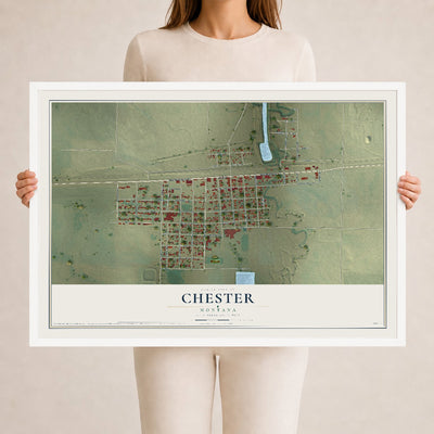 Map of Chester, Montana, 24 x 36 inch print in a white wood frame