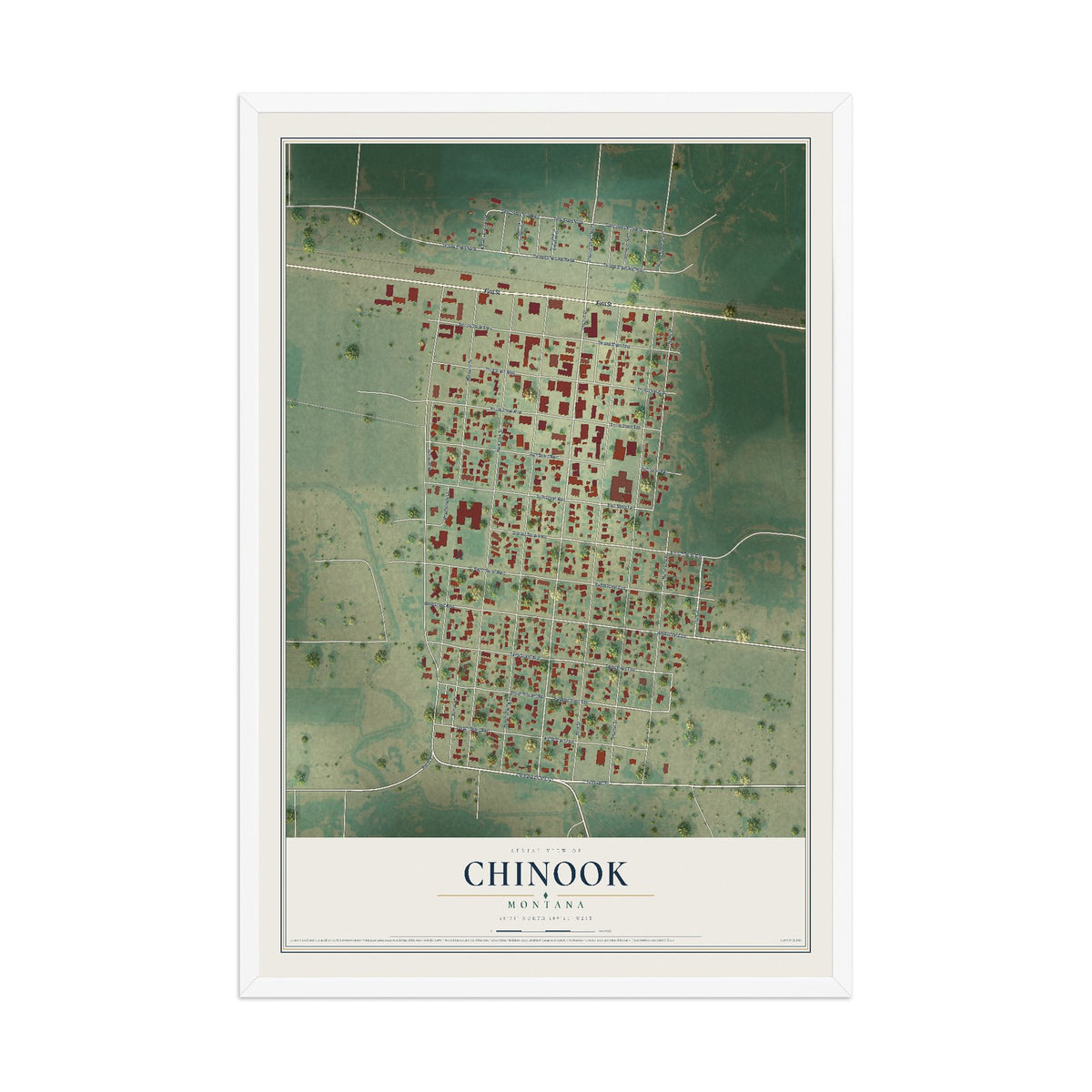 Map of Chinook, Montana, 12 x 18 inch print in a white wood frame