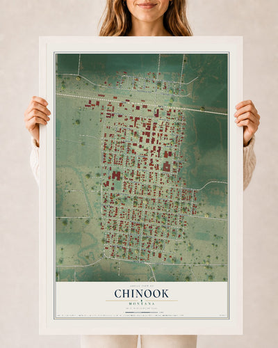 Map of Chinook, Montana, 24 x 36 inch print in a white wood frame