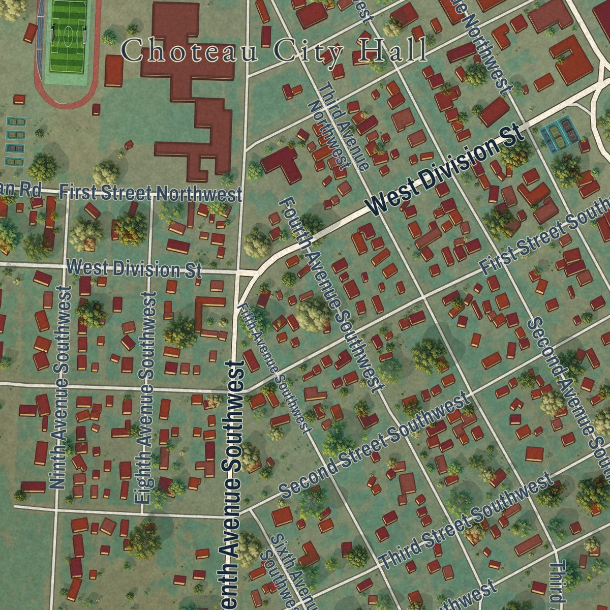 Close-up of the map of Choteau, Montana print showing street and building detail