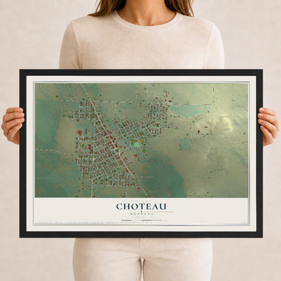 Map of Choteau, Montana, 12 x 18 inch print in a black wood frame